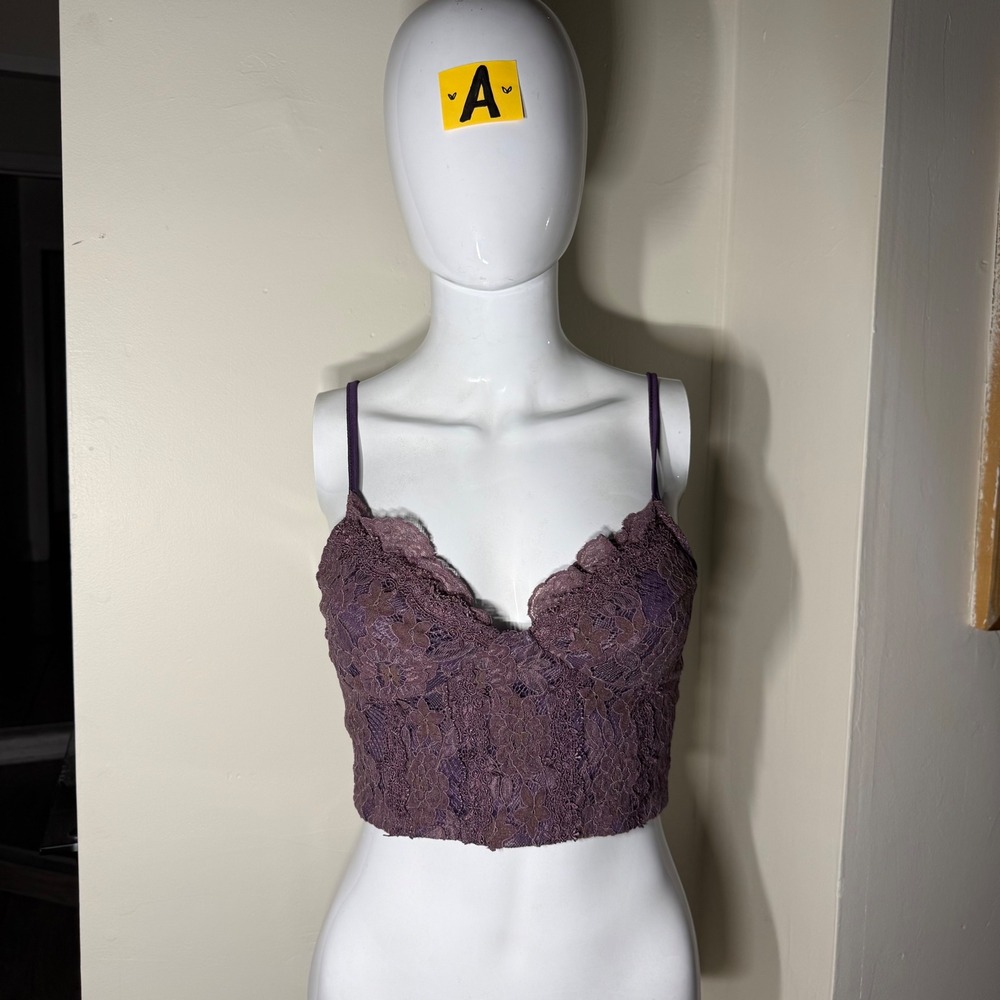 Crop Top Bustier Floral Lace Scalloped Purple Size S 4 - Picture 2 of 6